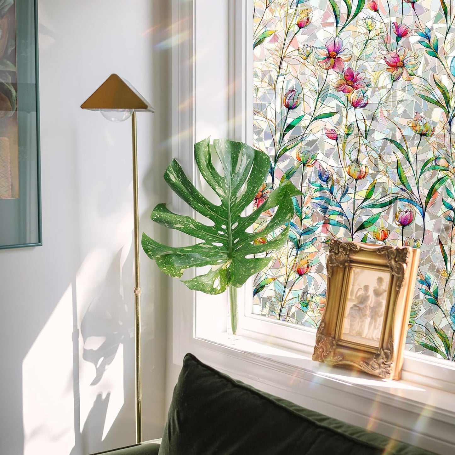 Rainbow Window Privacy Film 3D Floral Decorative Stained Glass Window Film Anti UV Non-Adhesive Reusable 17.5" x 157.4" for Home Room Car Glass Cling