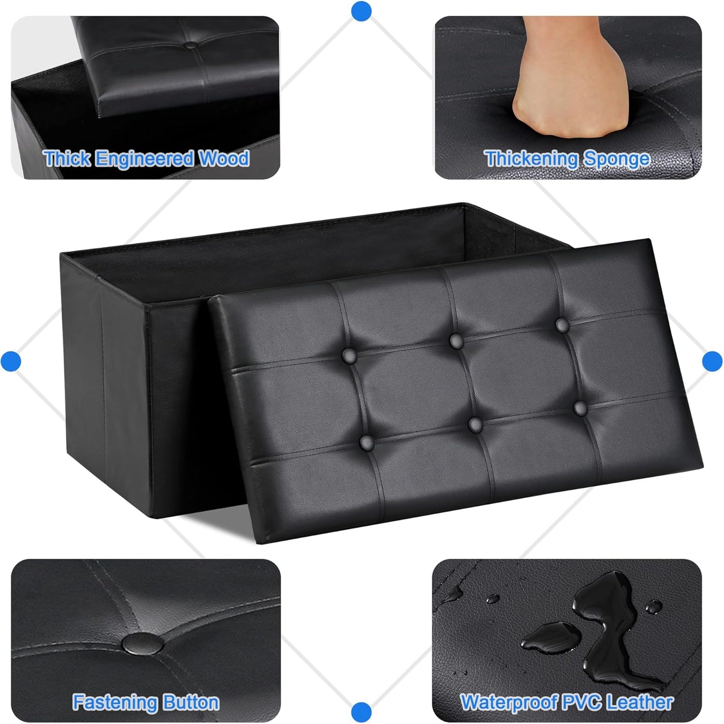 SUPER DEAL 30 inches Folding Ottoman with Storage, Bedroom Footrest Bench, Rectangle Sotrage Chest for Living Room Entryway, 30"x15"x15", 85L, Faux Leather, Black