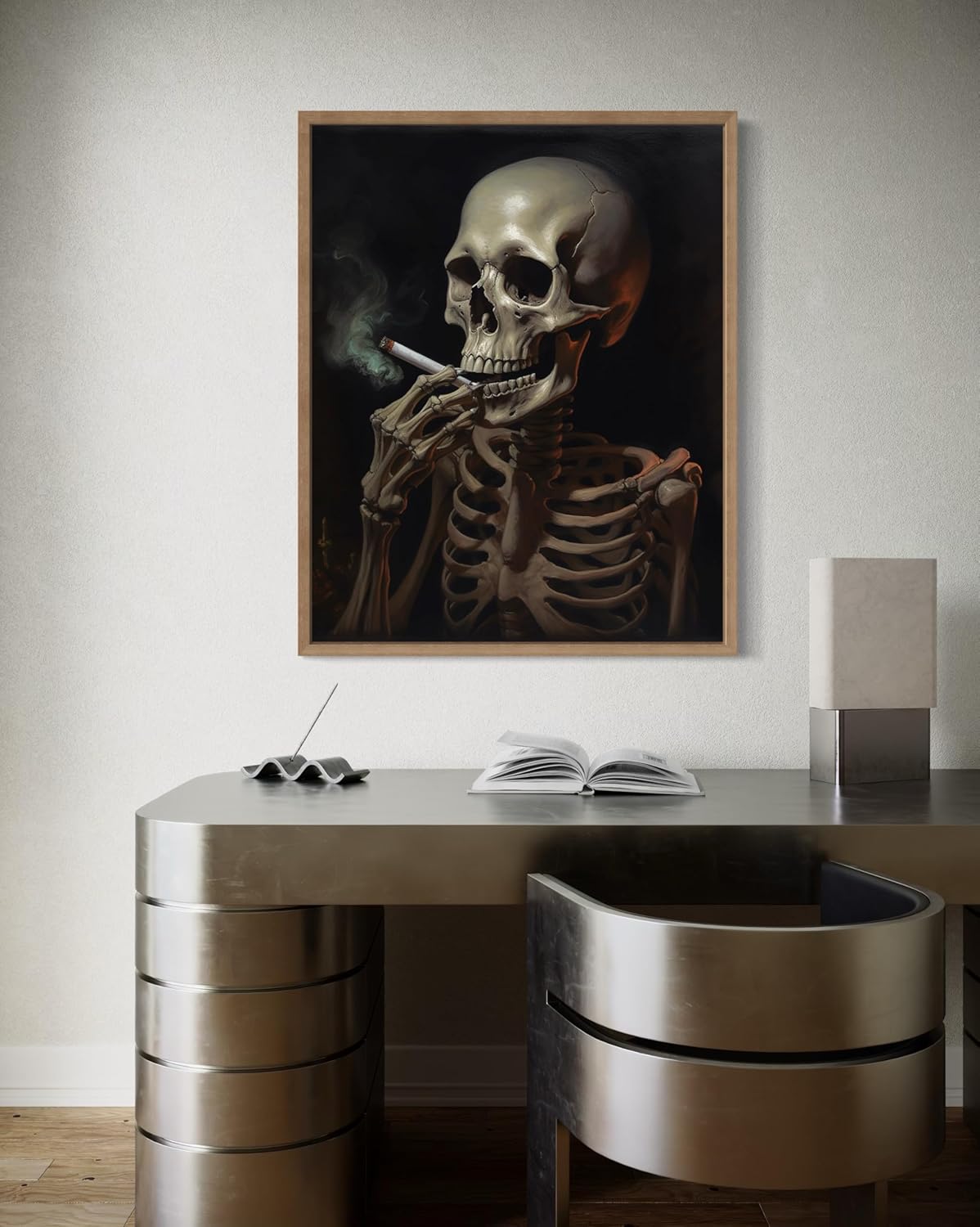 Skull Smoking Ciggarettes Poster Art Print, Halloween Scary Vintage Wall Art Academia Spooky Painting Decoration for Horror Prints, Gothic Posters Bedroom Decor 89 (Skull Smoking Ciggarettes, 11 x 14 inches, Wood Frame)