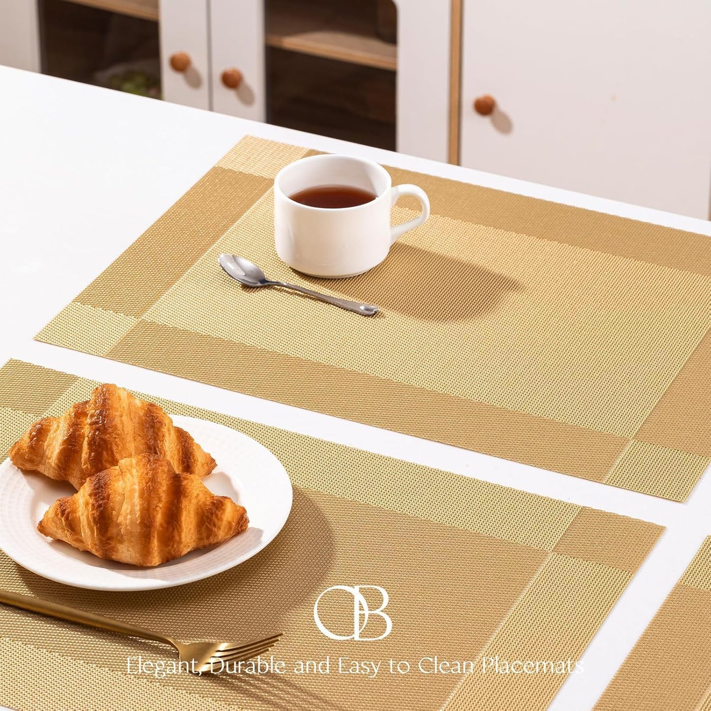 Placemats Set of 8 - Easy Clean Woven Vinyl Placemats for Dining Table, Indoor/Outdoor Place Mats, Washable PVC Table Mats（Gold Cube）