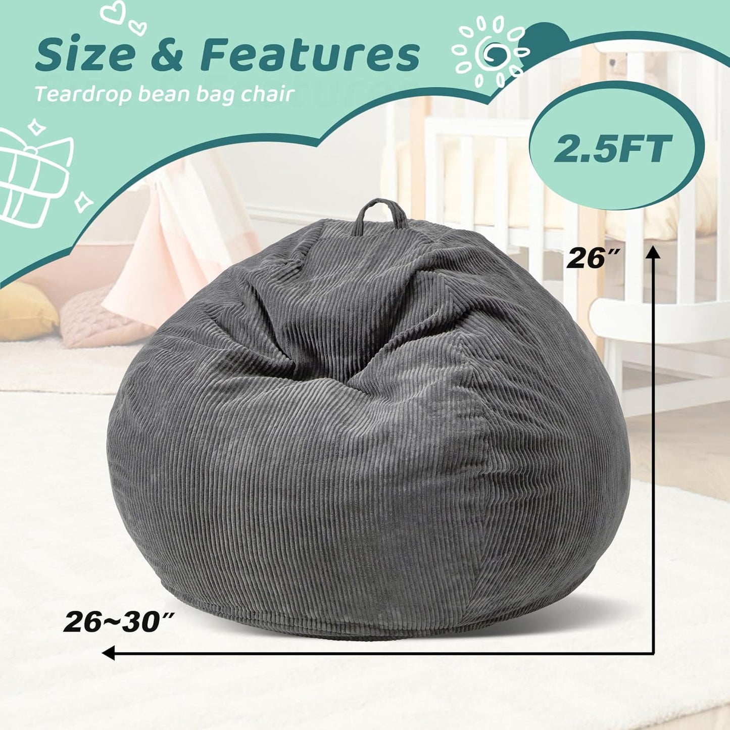 Bean Bag Chairs Teardrop Bean Bag Chair Beanbag Chair with Memory Foam Filled Machine Washable Cover for Living Room, Bedroom (Small,Grey)