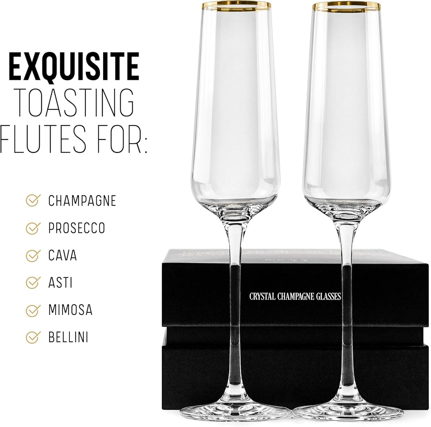 Gold Rim Champagne Gift Glasses | Set of 2 | Crystal Square Toasting Flutes for Bride and Groom, Wedding, Anniversary, Birthday | Elegant Long Stemmed Glassware for Sparkling Wine, Prosecco