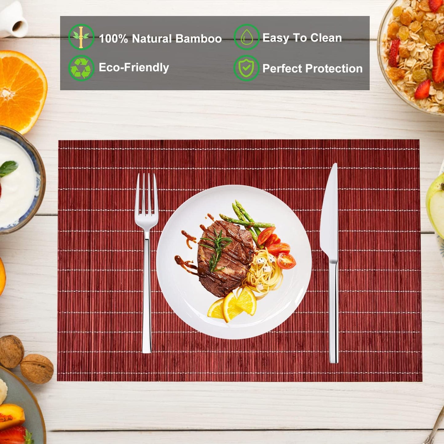 ANDSTAR Set of 24 Bamboo Placemats 17.7X11.8Inch Sushi Rolling Mat Japanese Style Bamboo Mat Natural Place Mats Washable Heat Resistant Table Mats for Dinner Dining Table Wedding Parties（Red）