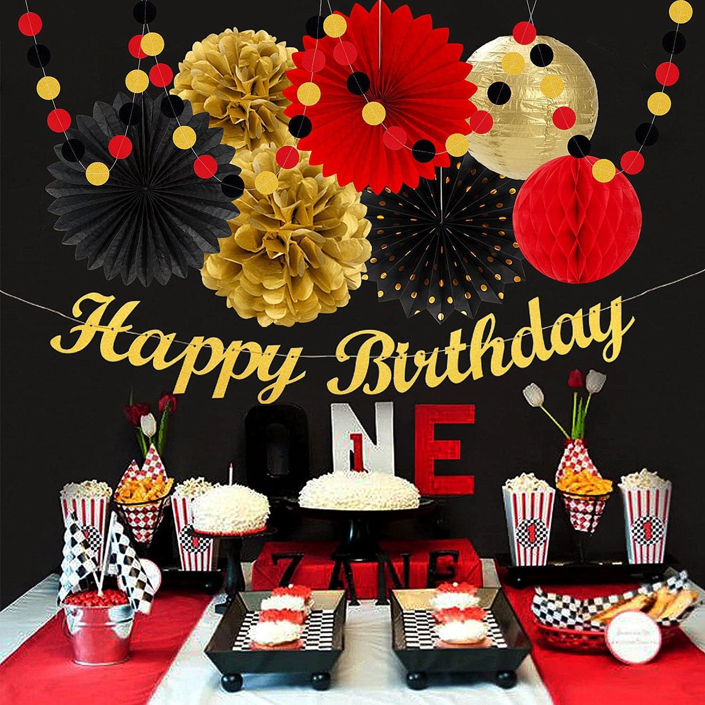 Red-Black Gold Casino-Theme Birthday Party-Decorations - 21pcs Happy Banner,Game Night Paper Lanterns,Tissue Pom Poms Flower Fan,Honeycomb Ball,Swirl Streamers Garland Supplies Women Men Decor Huglony