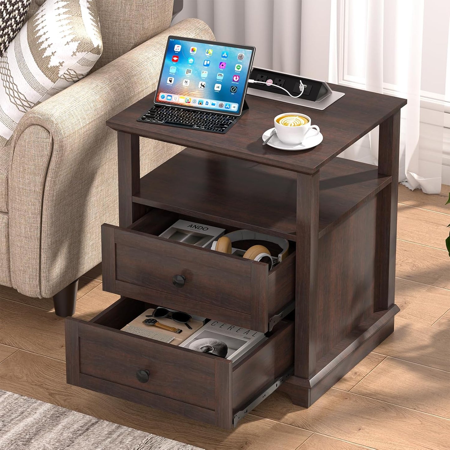 HIFYOBRO Large End Table Set of 2, 2 Drawers and Charging Station, Type-C & USB Port & Power outlets, Wooden End Table, Side Table with Storage for Living Room and Bedroom (Espresso)