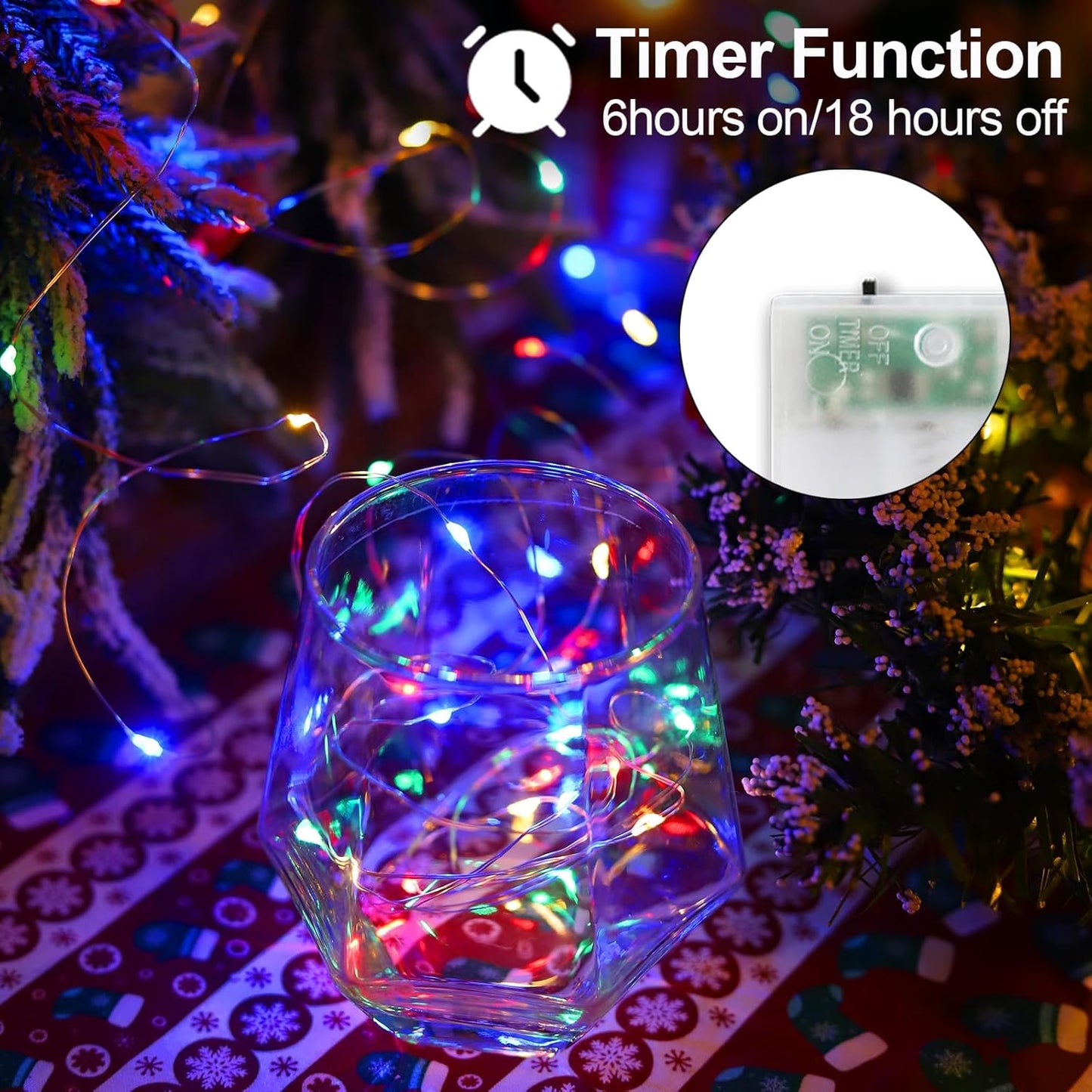 Christmas Decorations Multicolor Fairy String Lights, Battery Operated with Timer, 2 Pack Total 33FT 100 Led Mini Battery Powered Twinkle Mason Jar Waterproof Firefly Lights DIY Party