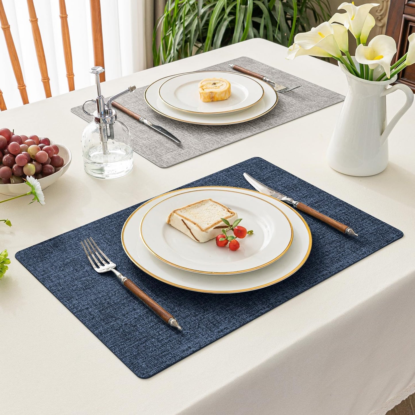 Romanstile Reversible Vinyl Placemats Set of 4, Faux Leather 100% Waterproof Oil-proof Wipeable Place Mats, Heat Resistant Dual Sided Table Mats for Kitchen/Dining/Party (Grey Nave Blue, 12 x 17 Inch)