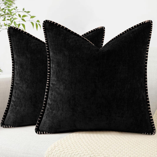 decorUhome Chenille Soft Throw Pillow Covers 16x16 Set of 2, Farmhouse Velvet Neutral Decorative Euro Pillow Covers with Stitched Edge for Couch Sofa Bed Home Decor, Black