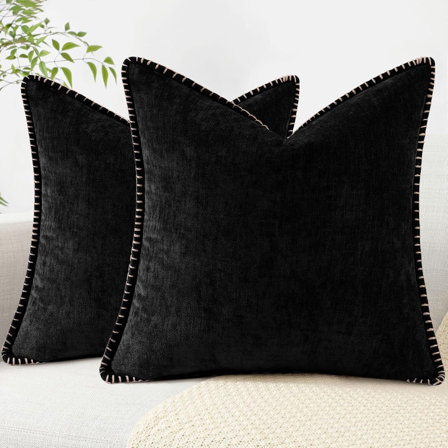 decorUhome Chenille Soft Throw Pillow Covers 20x20 Set of 2, Farmhouse Velvet Neutral Decorative Euro Pillow Covers with Stitched Edge for Couch Sofa Bed Home Decor, Black