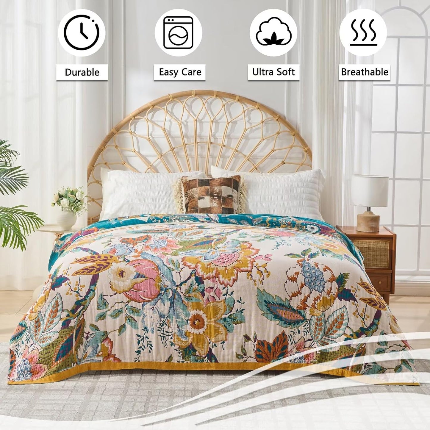 Boho Throw Blanket for Bed, Double Sided Floral Decorated Bohemian Couch Blanket, Lightweight Breathable 100% Cotton Throw Blanket,Room, Farmhouse, Bed Decor (Happiness,50"x60")