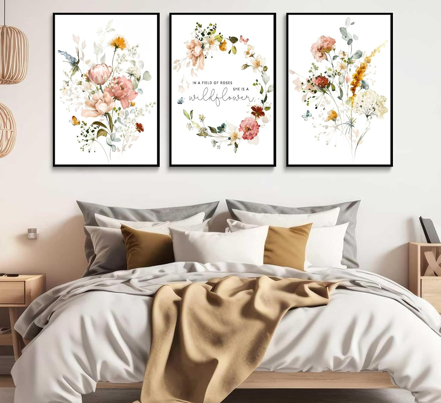 3Pcs Pink Flowers Canvas Wall Art In A Field Of Roses She Is A Wildflower Painting Picture Decor Watercolor Wreath Poster Print Artwork for Nursery living room Girls Room Home Decoration Unframed