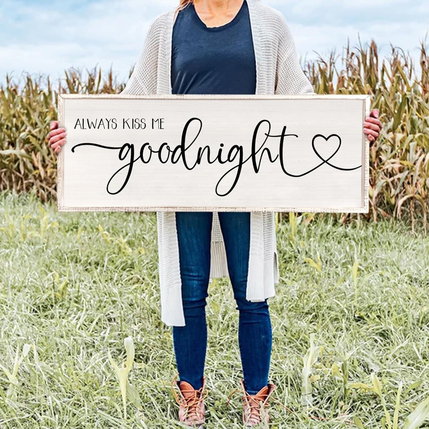 flowtorely Always Kiss Me Goodnight Wall Sign For Master Bedroom Above Bed Wall Decor 40''×15'' Large Rustic Solid Wood Frame For Farmhouse Couples Above bed Wall Art Decoration (White)