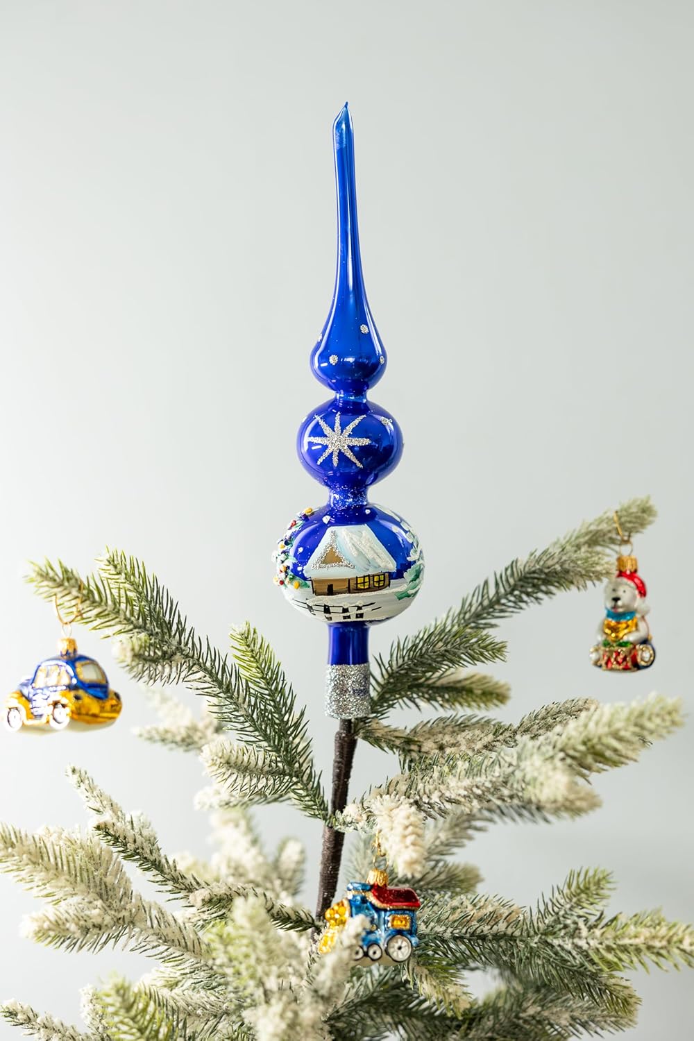 Christmas Tree Topper Spitz Glass Mouth Blown Hand-Decorated Embellishments (Midnight Blue, 12 inch)