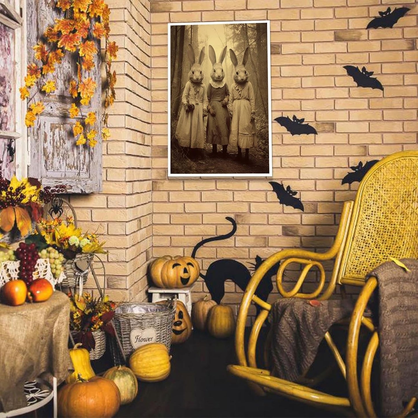 Vintage Horror Spooky Three Rabbits In Occult Forest Spooky Canvas Wall Art Poster Gothic Dark Academia Decorations Room Creepy Print Retro Halloween Wall Decor 24X36inch Unframed