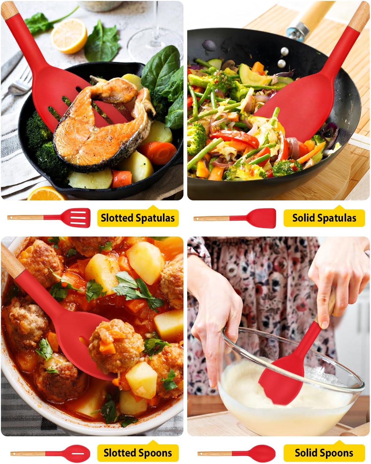 Pack of 4 Silicone Cooking Utensils Set, Non Stick Solid Spatulas and Heat Resistant Slotted Spoons with Wooden Handle, Ideal Wood Kitchen Utensils Set for Frying,Serving,Turning,Stirring (RED)