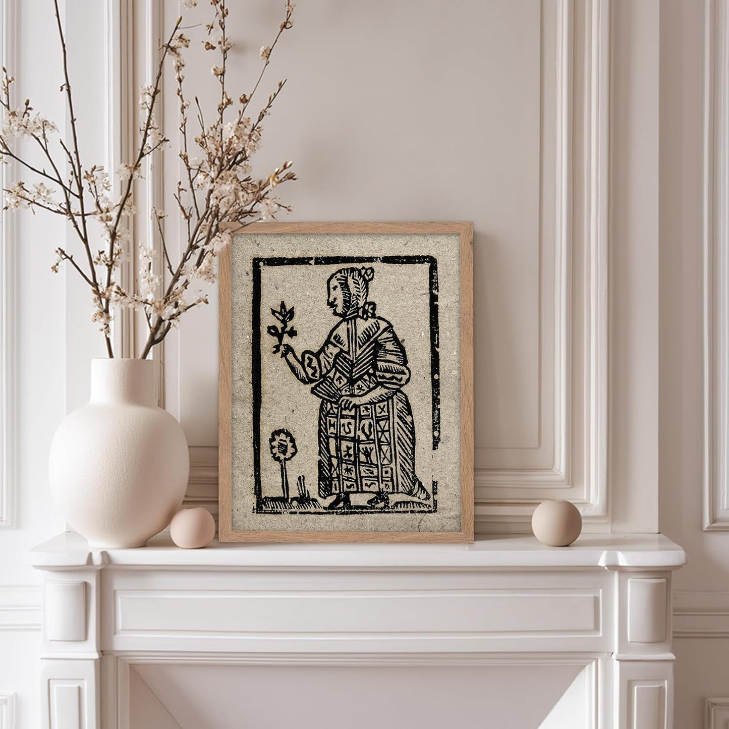 Poster Master Vintage Woodcut Poster - Retro Medieval Print - Gift for Gothic, Horror Fan - Witch Holding a Plant, Magic, Spell, Herbalist - Wall Decor for Bedroom, Dorm, 11x14 Beige Framed