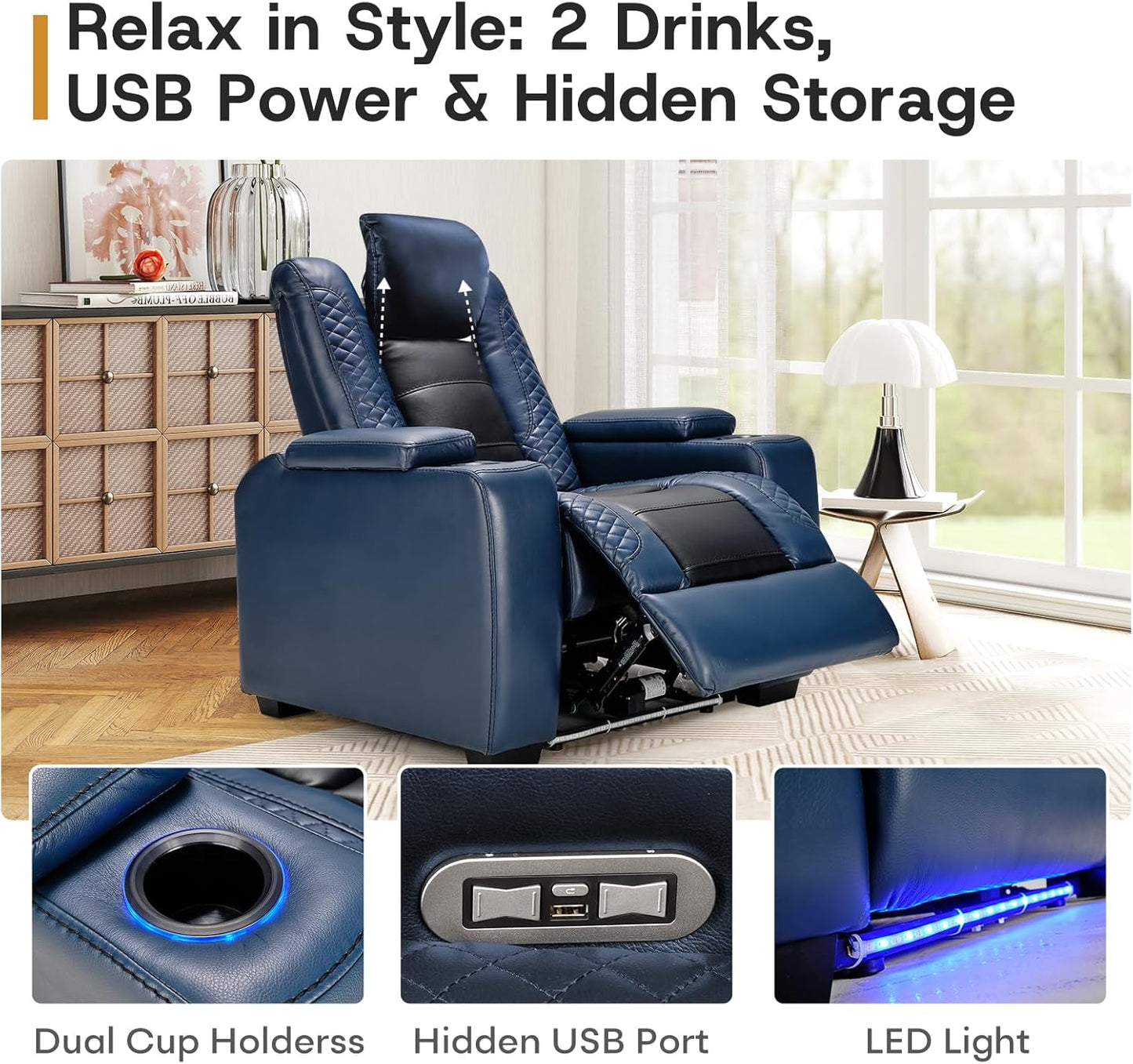 ANJ Power Home Theater Seating Set of 3, Blue Faux Leather Electric Recliner Chair with Powered Headrest, Dual Motors Movie Reclining Chairs with LED Lights,USB Port,Cup Holders, Hidden Arm Storage