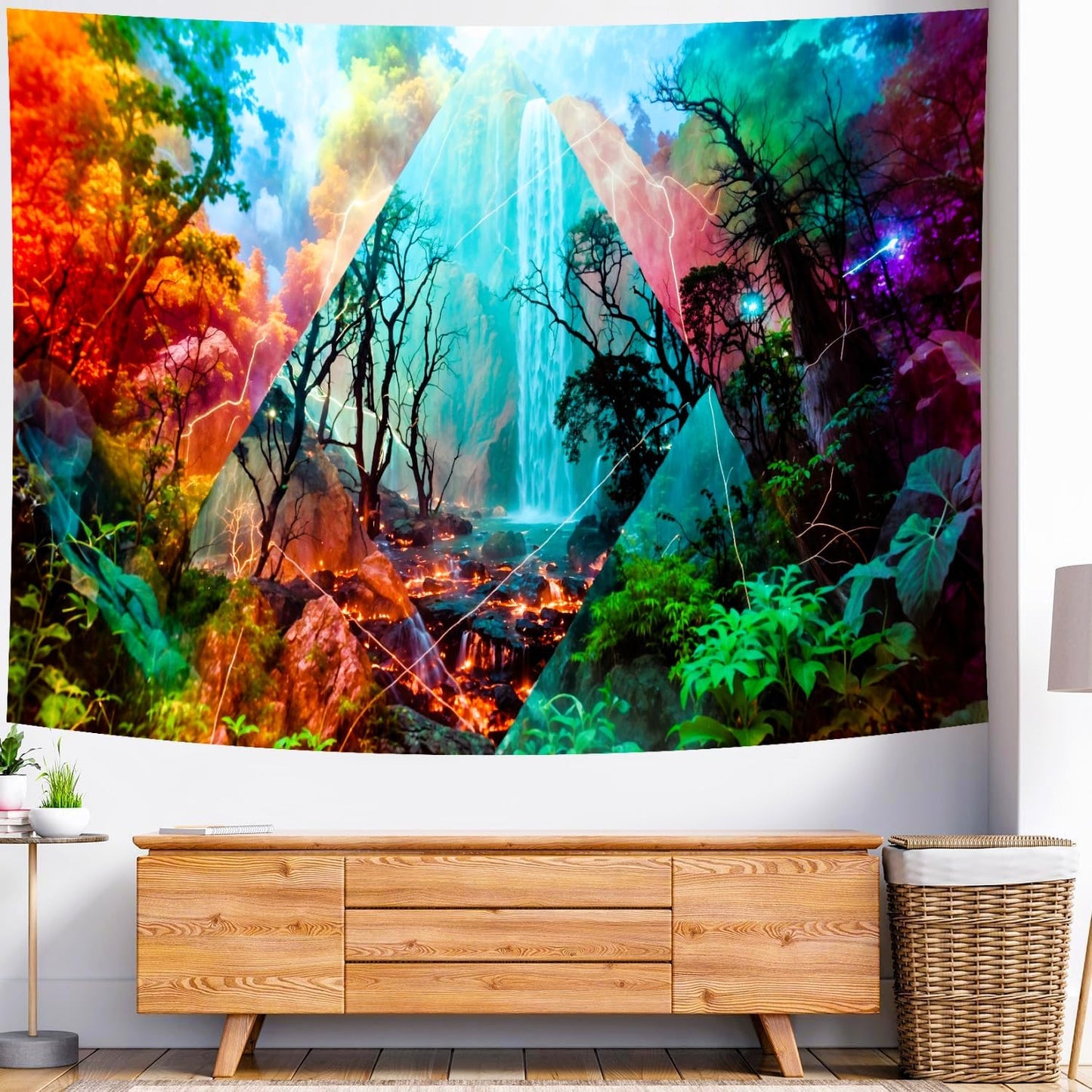 Delur Forest Tapestry Waterfall Mountain Rainforest Sunset Nature Tree Tapestry Wall Hanging Scenic Tropical Landscape Natural Sunrise Headboard for Bedroom Living Room Home Decor (59.1" x 78.7")