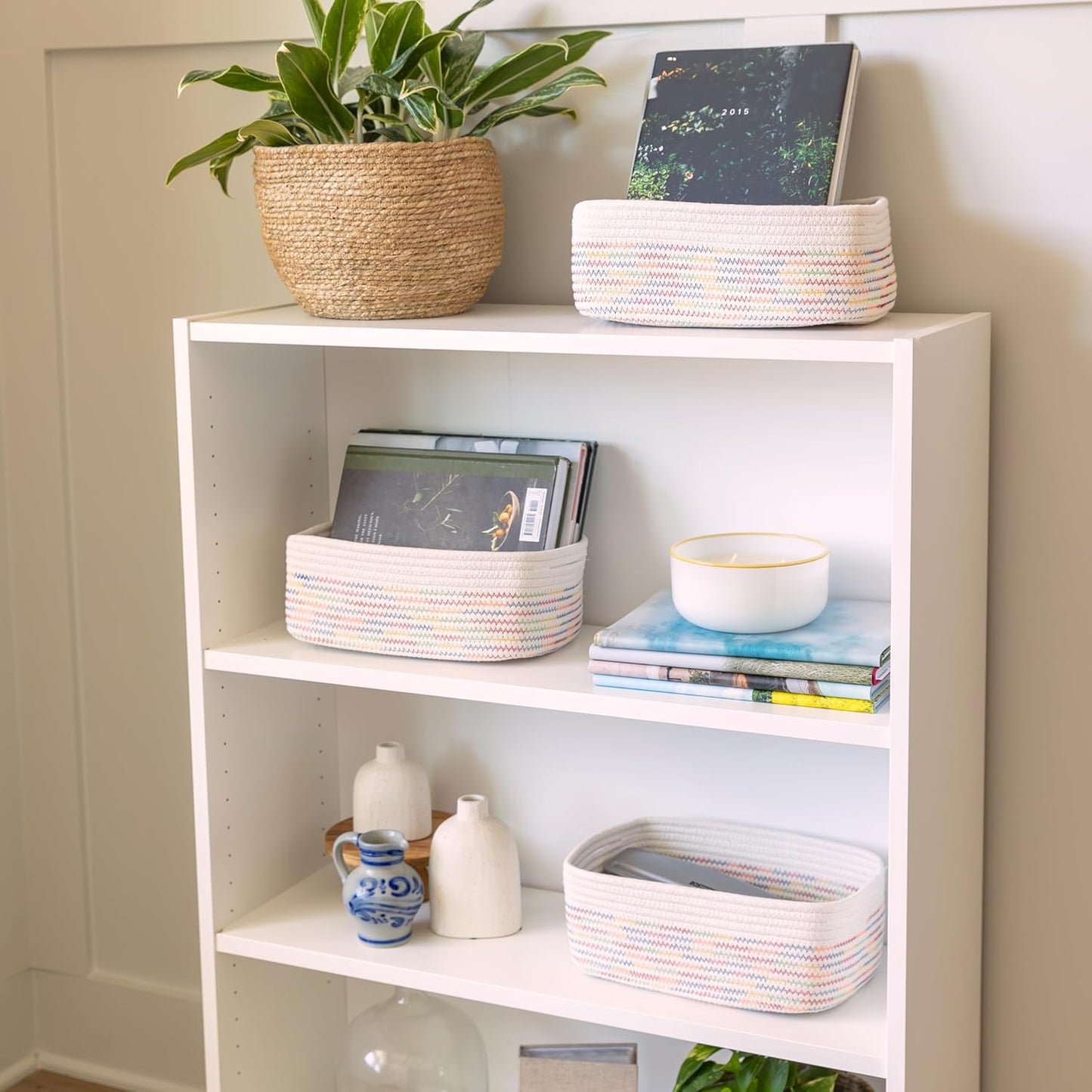 NaturalCozy 11.8"x8"x4.5” Rectangle Storage Baskets for Shelves 3 Pack | Cotton Rope Woven Small Baskets for Organizing | Small Storage Bins for Nursery, Bathroom, Closet, Shelf, Decorative, Gift