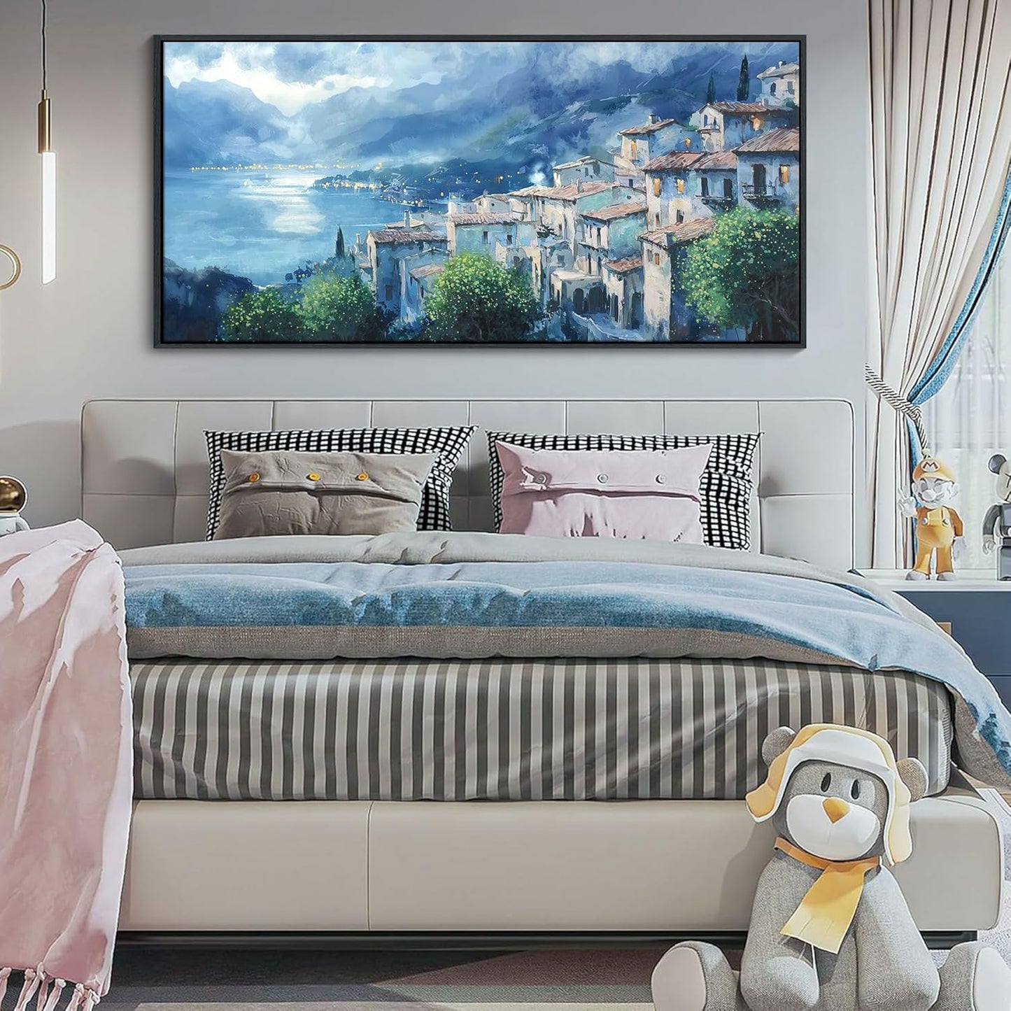 JEAWA Large Framed Canvas Painting - 24x48 IN Landscape Wall Decor Ready to Hang, Gray Blue Town Picture, Lights of Thousands homes Art Prints for Bedroom Living Room Home Decoration