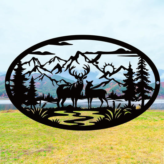 Rustic Metal Deer Cabin Sign, Christmas Gift for Living Room,Welcome Sign, Deer Outdoor Metal Wall Art, Great Gift for Hunters, Cabin Deco