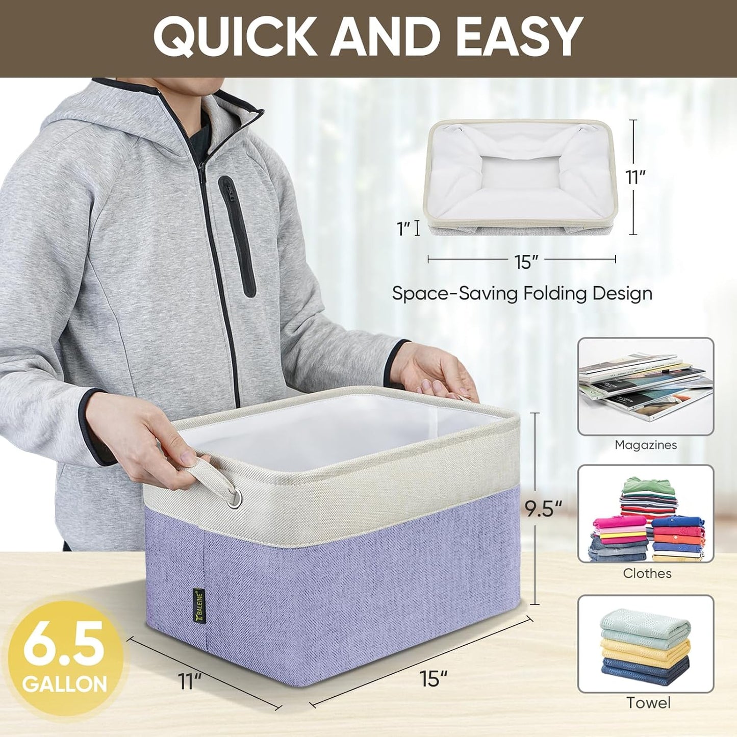 BALEINE 3 Pack Fabric Storage Bins for Shelves, Linen Storage Baskets for Organizing, Decorative Closet Bins for Clothes, Home (Lavender, 15''x11''x9.5'')