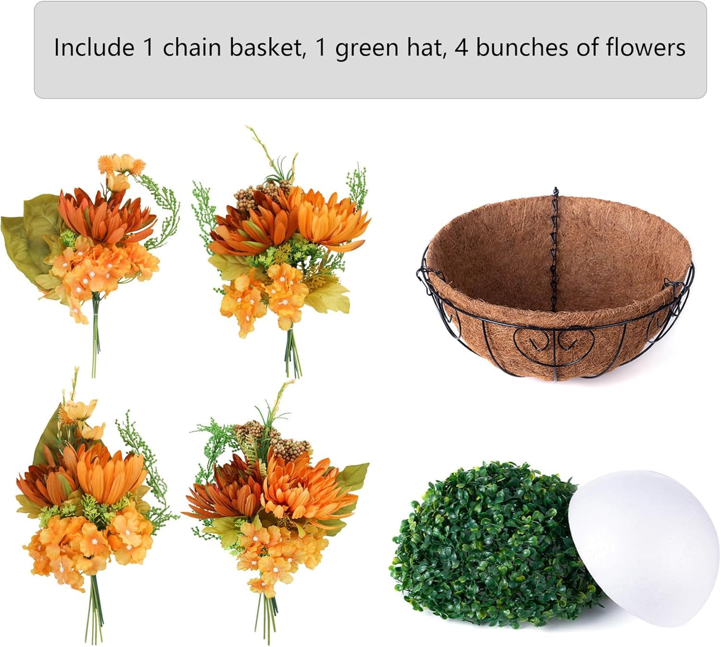 Artificial Fake Hanging Mums Flowers Plants Baskets for Outdoor Outside Decoration, Faux Silk Orange Flower Chrysanthemum UV Resistant Realistic for Porch Patio Balcony Yard Decor