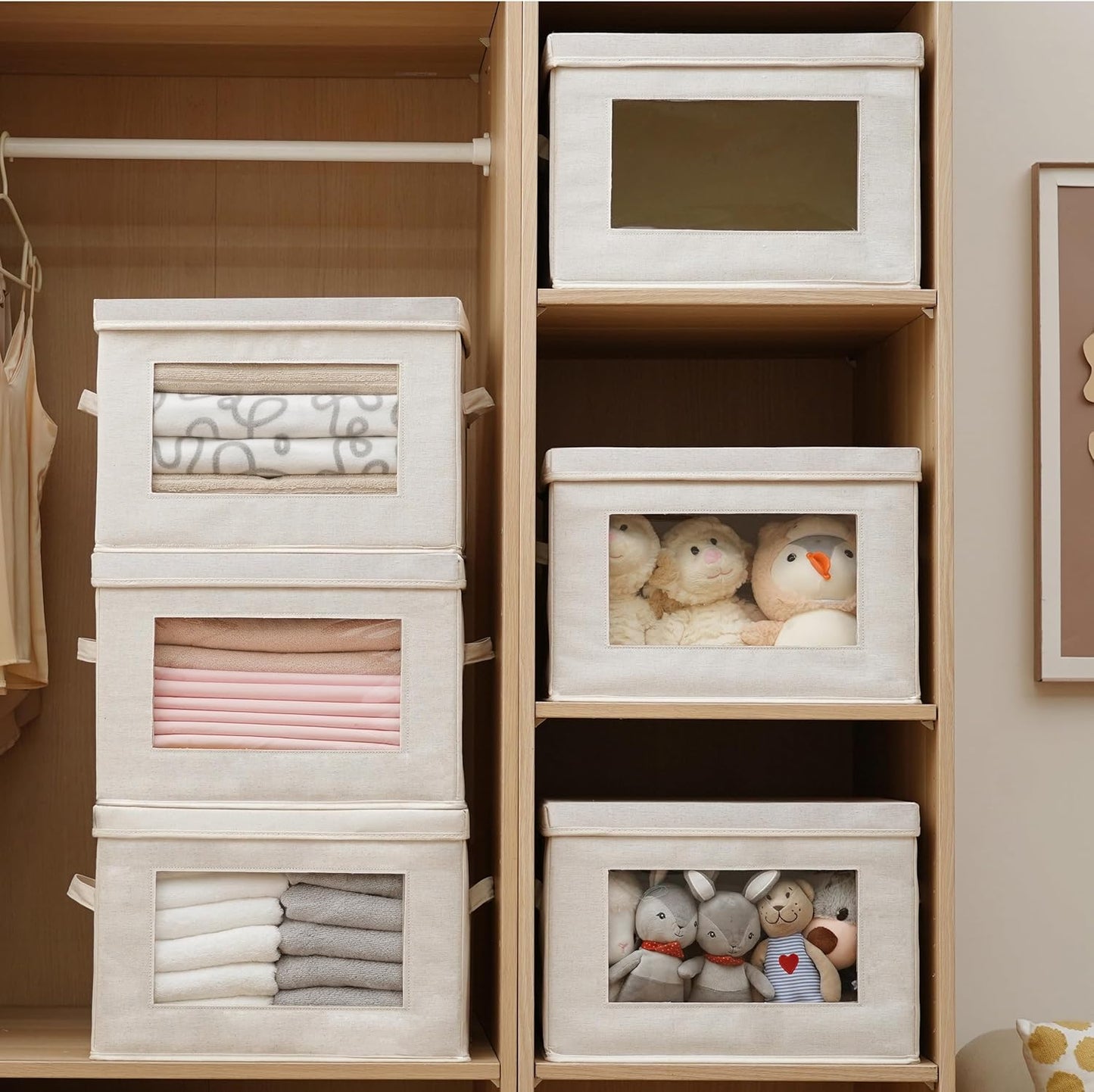 Citylife 3 Pack Storage Bins with Lids, Fabric Foldable Storage Bins with Soft Cord Handles, Canvas Storage Bin with Lid for Organizing Clothes, Blankets and Books, Beige