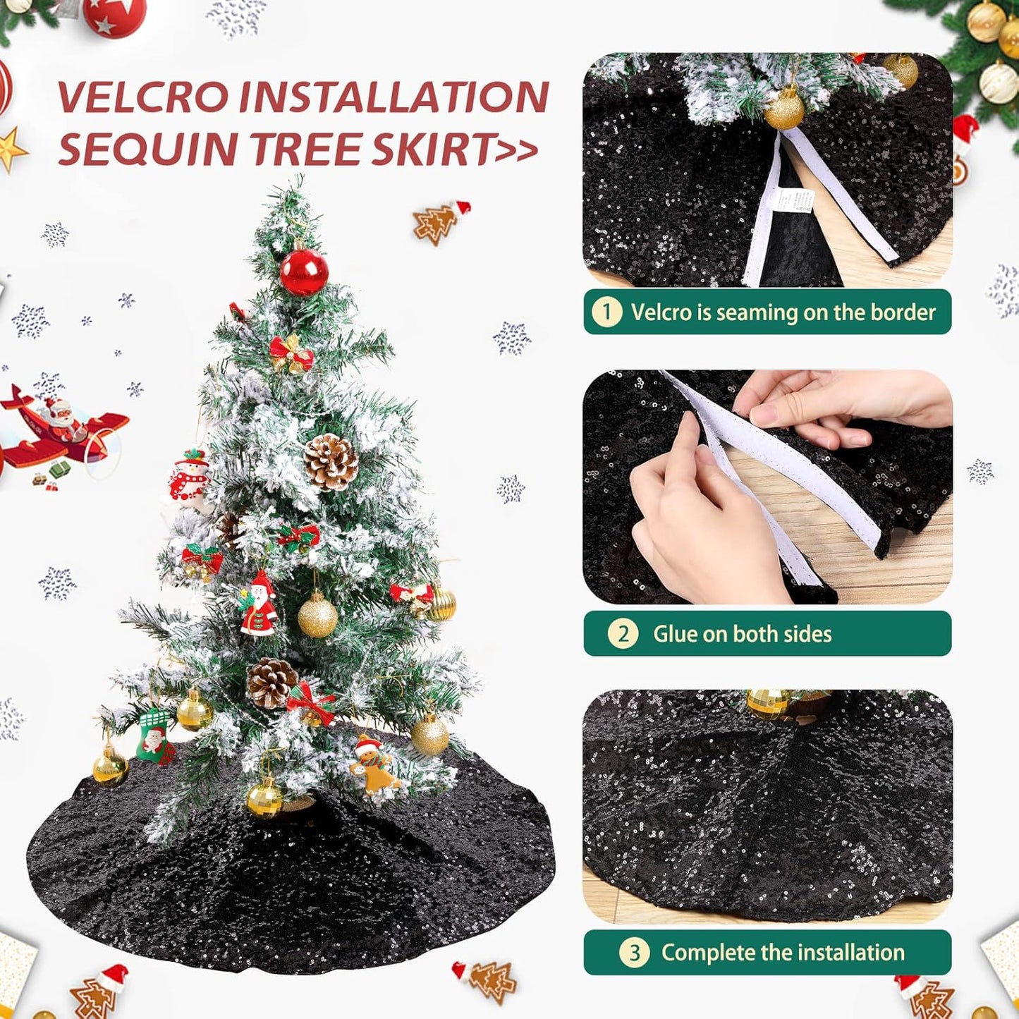 Glitter Black Tree Skirt 36 Inches Small Tree Skirt Sequin Fabric Xmas Tabletop Tree Christmas Halloween Party Ornaments