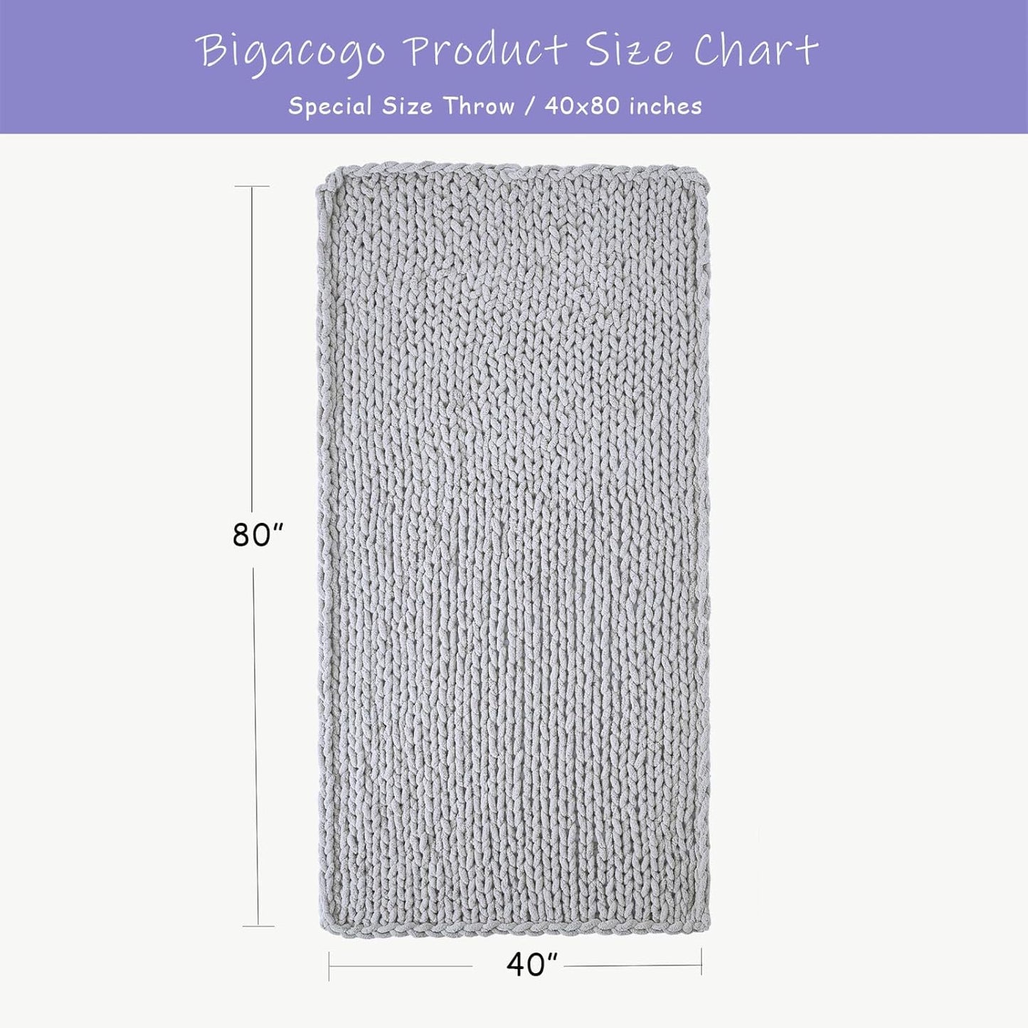 Bigacogo Chunky Knit Throw Blanket for Couch, 40x80 inches, 100% Hand Knitted with Thick Jumbo Chenille Yarn, Cozy Soft Large Rope Knot Cable Crochet Blankets for Sofa Bed Living Room, Light Grey