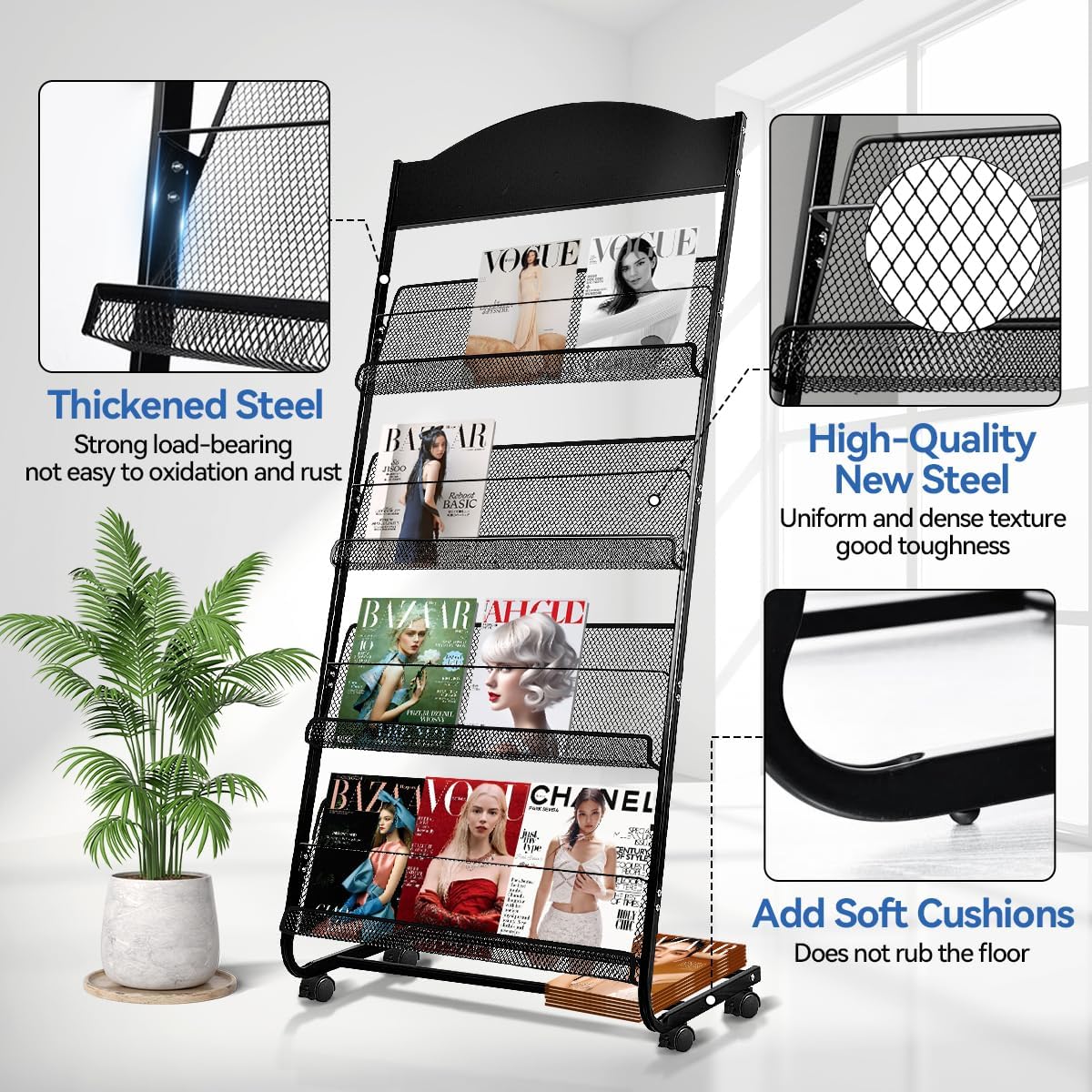 Floor-Standing Magazine Rack, 4-Layer Brochure Display Stand Tiered Design Magazine Stand Detachable Magazine Display with Casters for Exhibitions, Shopping Malls, Hospitals, Offices
