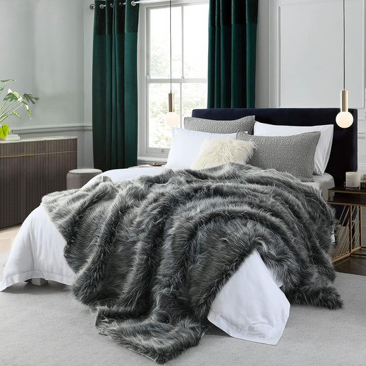 Luxury Faux Fur Blanket Queen Size, Ultra Big Grey and Black High Pile Mixed Faux Fur Throw, Oversized Super Warm, Fuzzy, Elegant, Fluffy Decoration Throw Blanket for Sofa, Couch and Bed, 90''x 90"