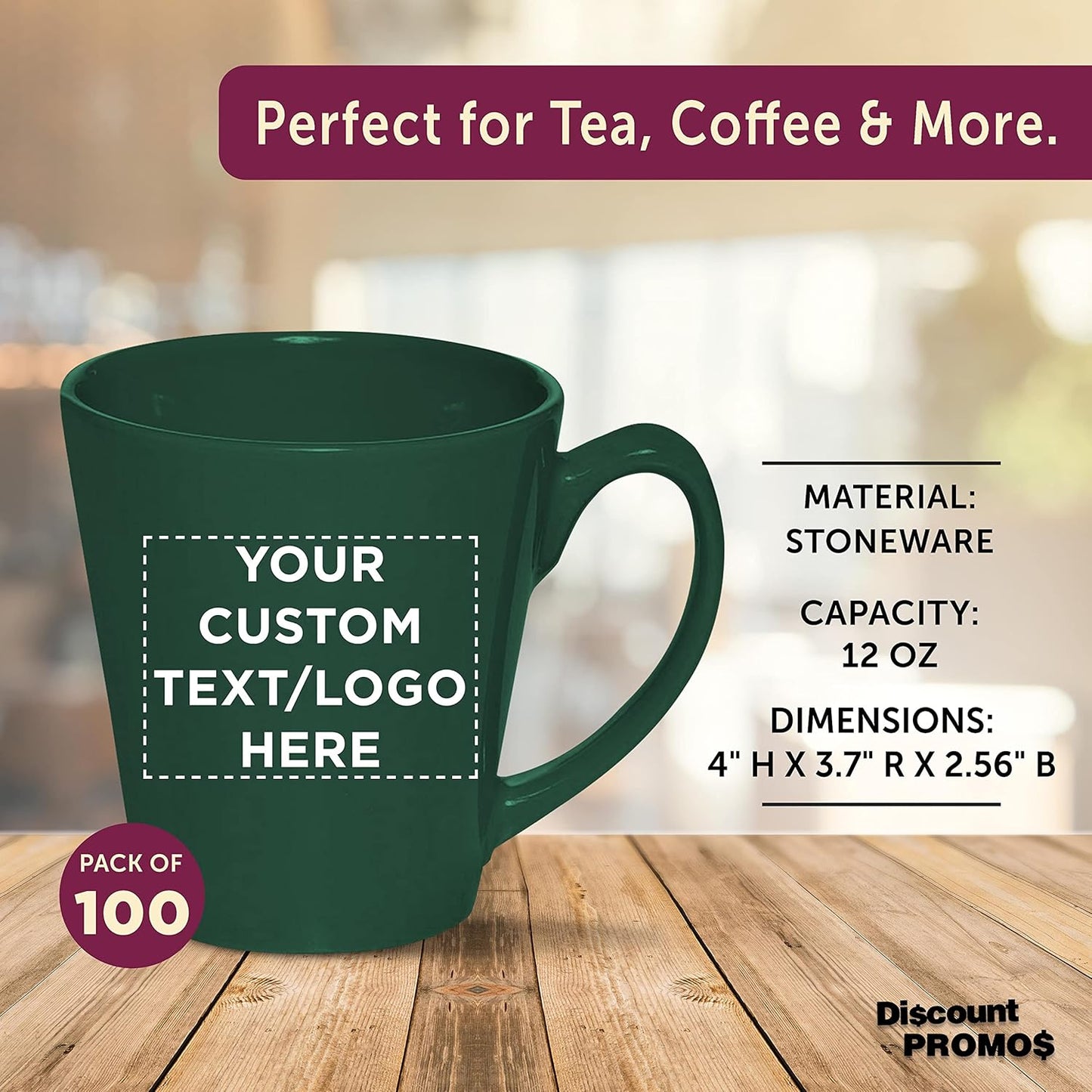 DISCOUNT PROMOS Custom Glossy Ceramic Latte Coffee Mug 12 oz. Set of 100, Personalized Bulk Pack - Perfect for Tea, Espresso, Cappuccino, Hot Cocoa - Green
