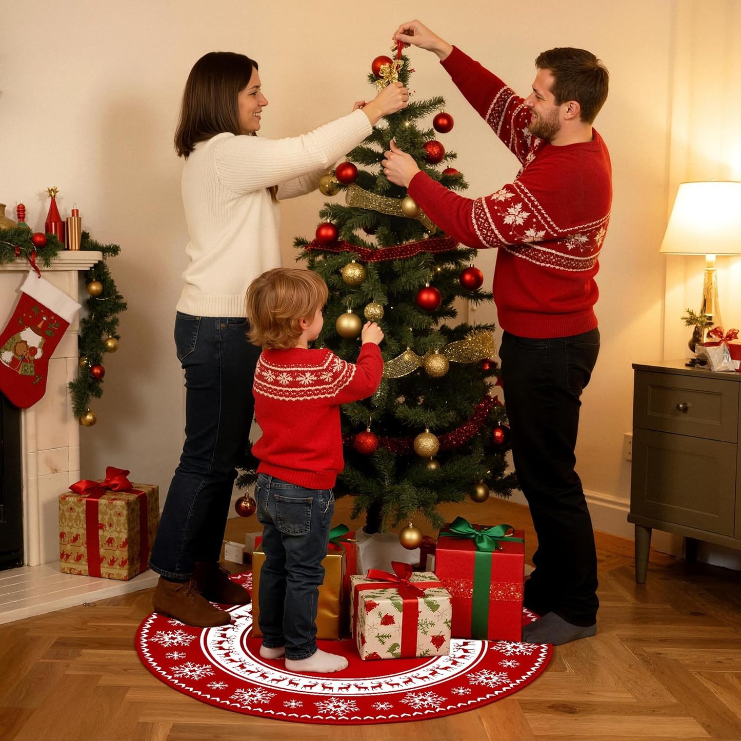 Christmas Tree Skirt 48 Inches Red Xmas Soft Cover Mat Decor Retro Xmas Tree Skirt for New Year Holiday Ornaments Indoor Outdoor Decorations (Snowflake Reindeer)