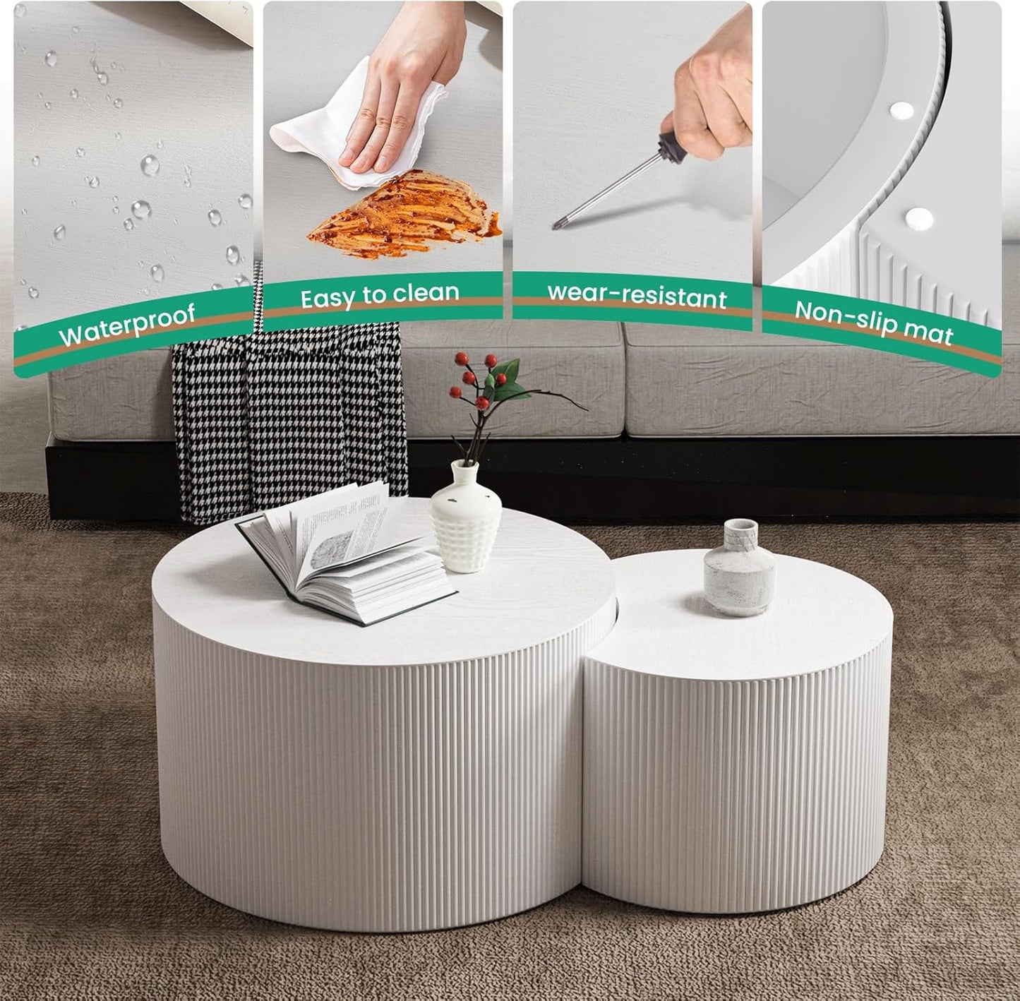 Round Nesting Coffee Table Set of 2 Handcraft Circle Fluted Nesting Coffee Tables Circular Side Table Drum Accent End Tables for Living Room Bedroom (White B Small)