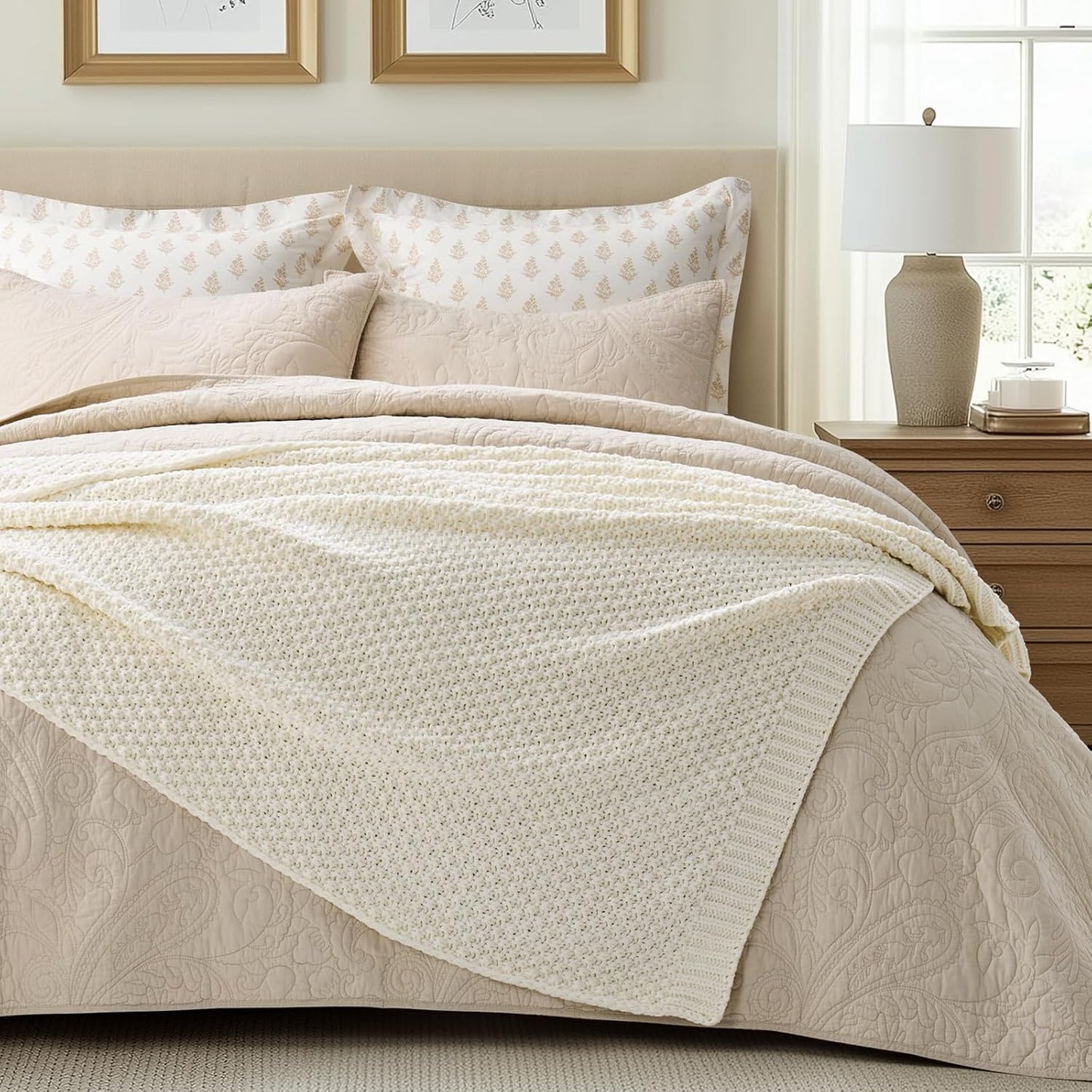 Chunky Chenille Knit Throw Blanket for Couch, Soft Luxurious Moss Stitch Blankets for Bed, Cozy Decorative Farmhouse Knitted Throws for Sofa, Ivory White, 60" x 80"