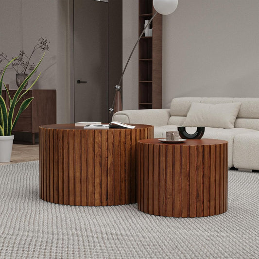 Round Coffee Table Set of 2, Nesting Coffee Table and End Table Set Small Circle Drum Side Table for Living Room Office, No Assembly (C Walnut Large)