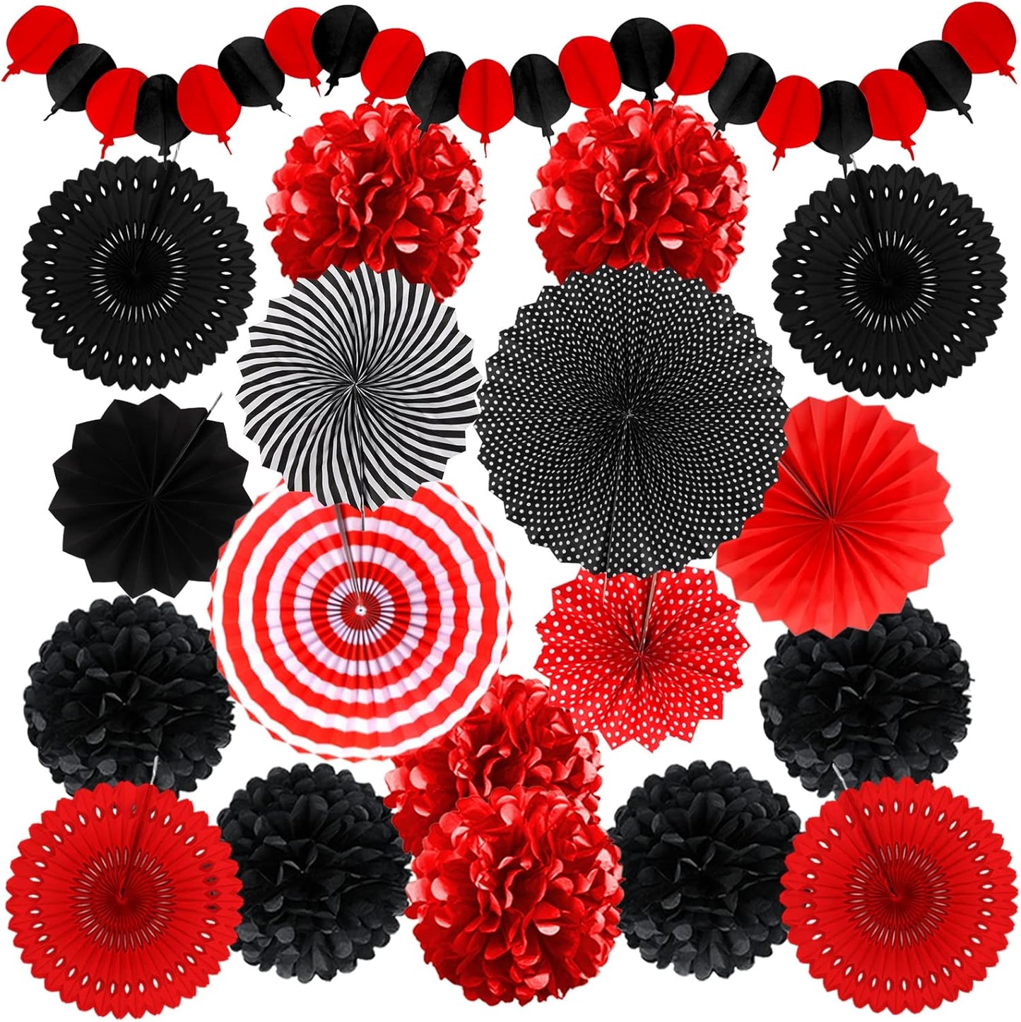 Red and Black Party Decorations, Papar Fans Pompoms Fans Garlands for Birthday Wedding Graduation Game Night Boy Girl Party Decorations