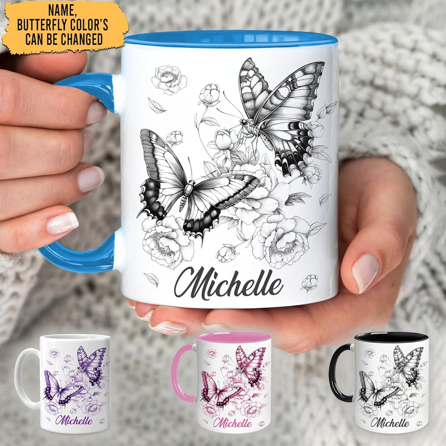 Hyturtle Personalized Blue Butterfly Mug - Butterfly Gifts For Women Lovers - Animal Gift For Bird Lover Her - Bird Gifts For Mom on Mother Day - Custom Name Coffee Cup Ceramic Mug 11 Oz 15 Oz