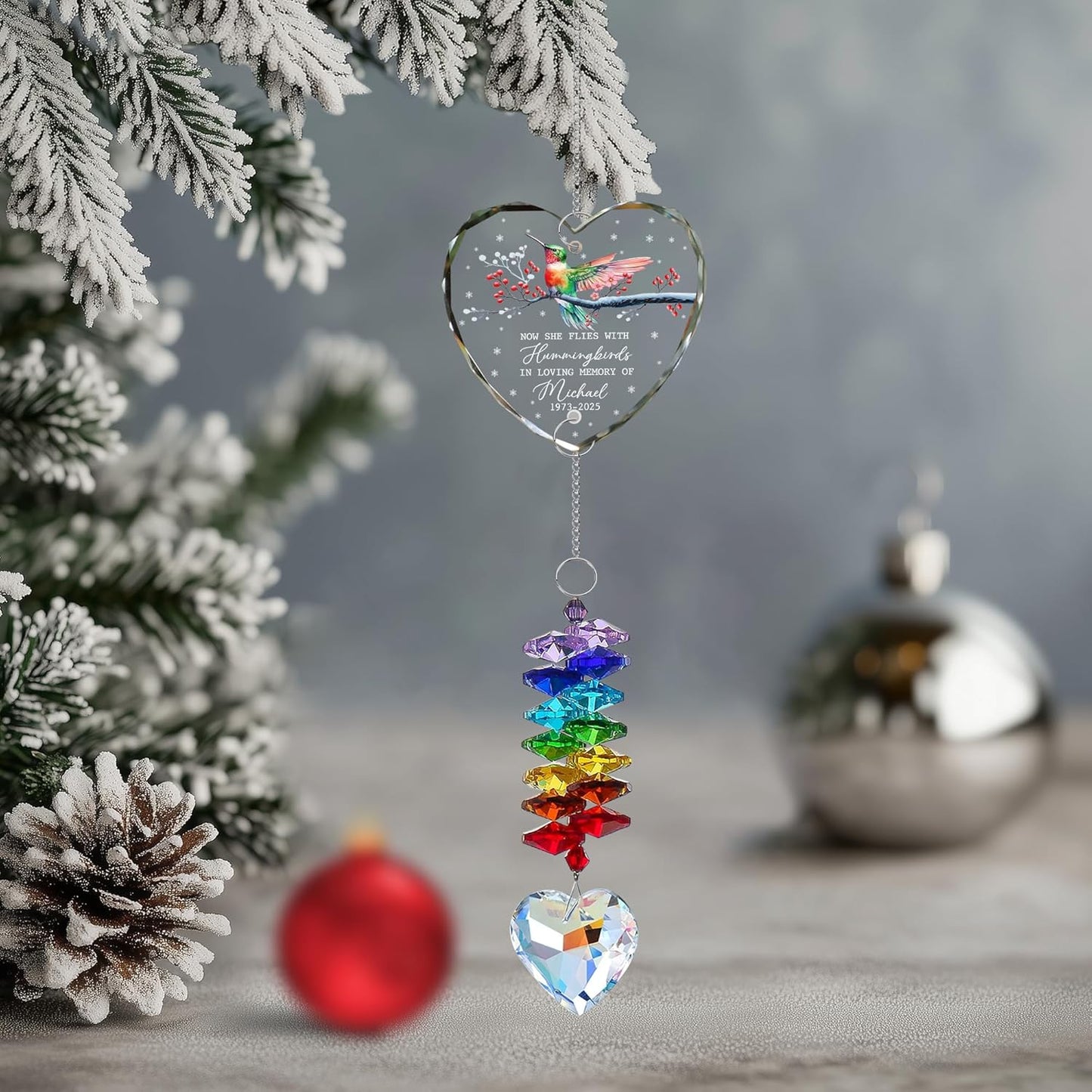 Personalized Memorial Hummingbird Glass Ornament – in Loving Memory of Grandpa – Custom Name, Birth Year & Passing Year – Memorial Christmas Keepsake for Loved One