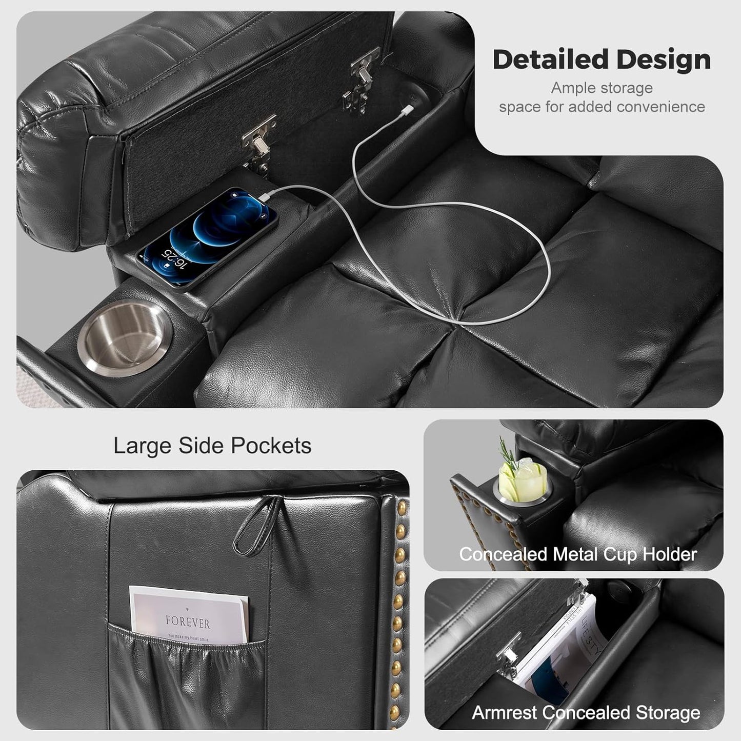 Electric Power Lift Recliner Chair for Elderly with Heat & Massage, Breathable Leather Large Reclining Chairs w/2 Concealed Cup Holders for Seniors Home Living Room,Set of 2,Grey