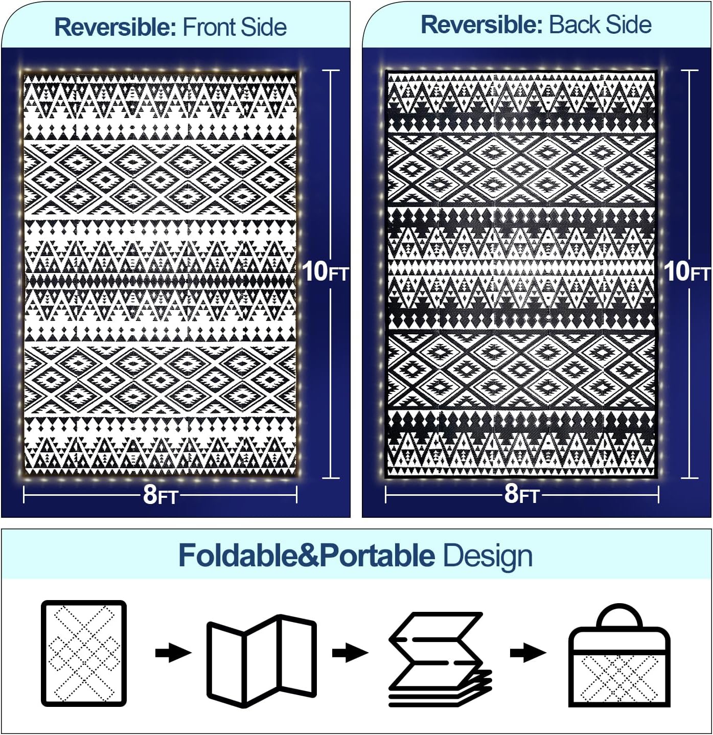 Outdoor Rug Mat with Led Strip Lights for Patio, 8x10ft Waterproof Reversible Plastic Straw Rugs, Camping Carpet Area Mats for RV, Porch, Deck, Backyard, Balcony, Camper, Black & White