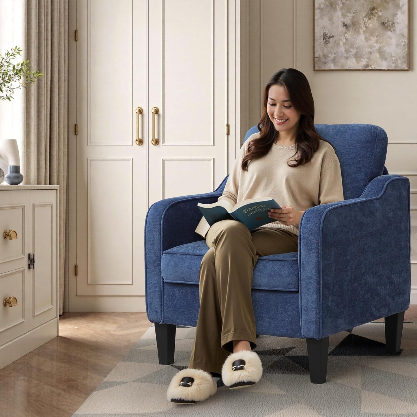 Accent Chairs Set of 2, Upholstered Living Room Chairs with Side Pockets, Mid Century Modern Reading Chair for Bedroom, Comfy Armchair Single Sofa Side Chair for Office, Small Room, Blue