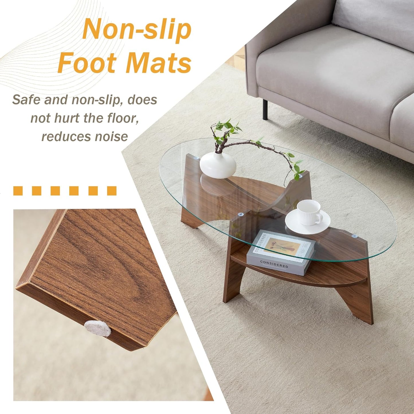 41" Oval Glass Coffee Table with Tempered Glass Top and MDF Base, Diagonal Fan-Shaped Tray Design Table Leg Simple & Modern Center Table for Living Room Office Apartment Walnut