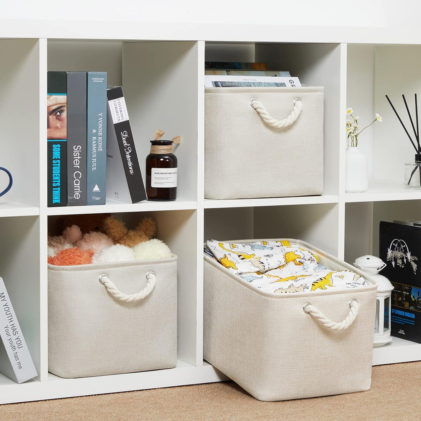 Bidtakay Baskets Collapsible Large Toy Storage Baskets for Organizing Set of 3 Closet Organizer Linen Cream Storage Bins 15 X 11 X 9.5 Inch Shelf Organizer Bins for Nursery Storage (Light Beige)