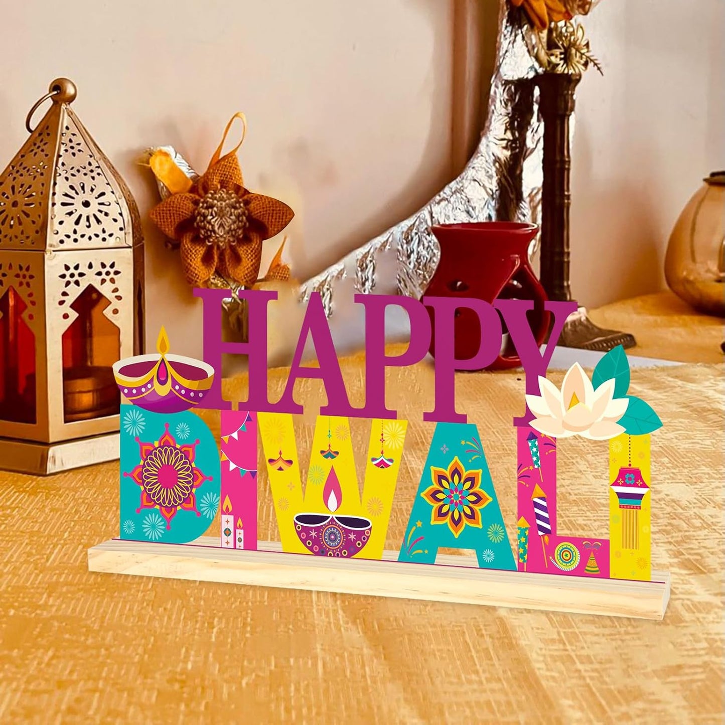 COCHIE Metal Happy Diwali Sign, Indian Festival of Light Table Centerpieces Decorations for Home, Office, Shelf, Mantel, Indoor, Traditional Party Supplies Decor (Diwali)