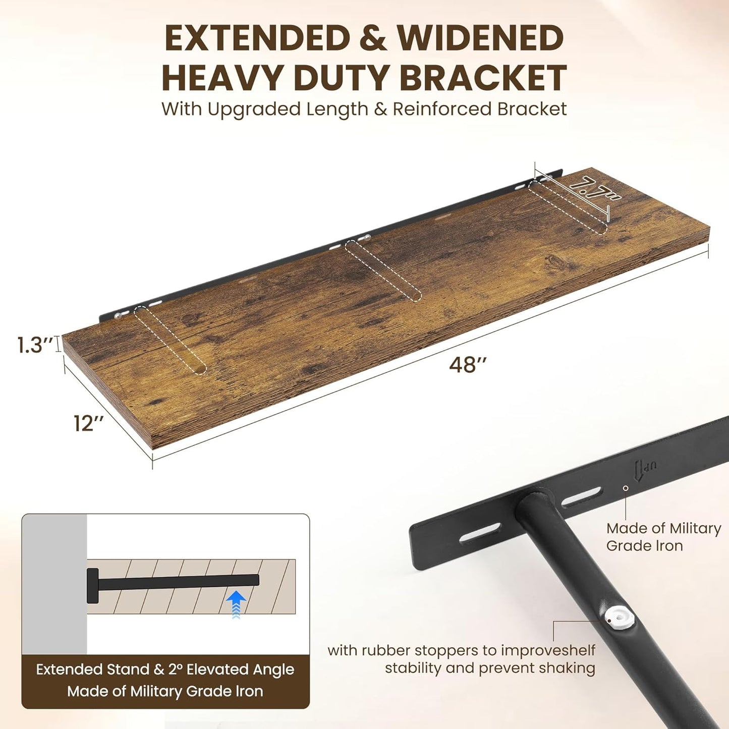 48" Floating Shelves for Wall, 12" Deep Slim Rustic Brown Floating Shelves, Wall-Mounted Shelves for Bedroom, Living Room, Kitchen, Bathroom - Set of 2