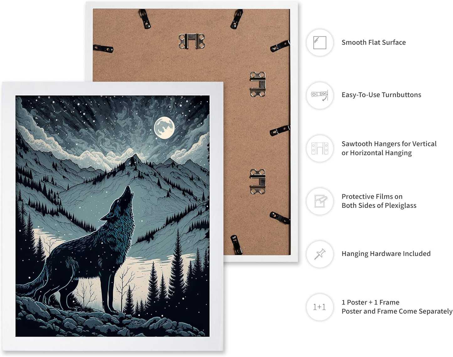 Poster Master Vintage Illustration Poster - Retro Animal Print - Gift for Artist, Friend - Wolf Howling at the Moon, Mountain, Snow, Landscape - Wall Decor for Home, Office, 11x14 White Framed