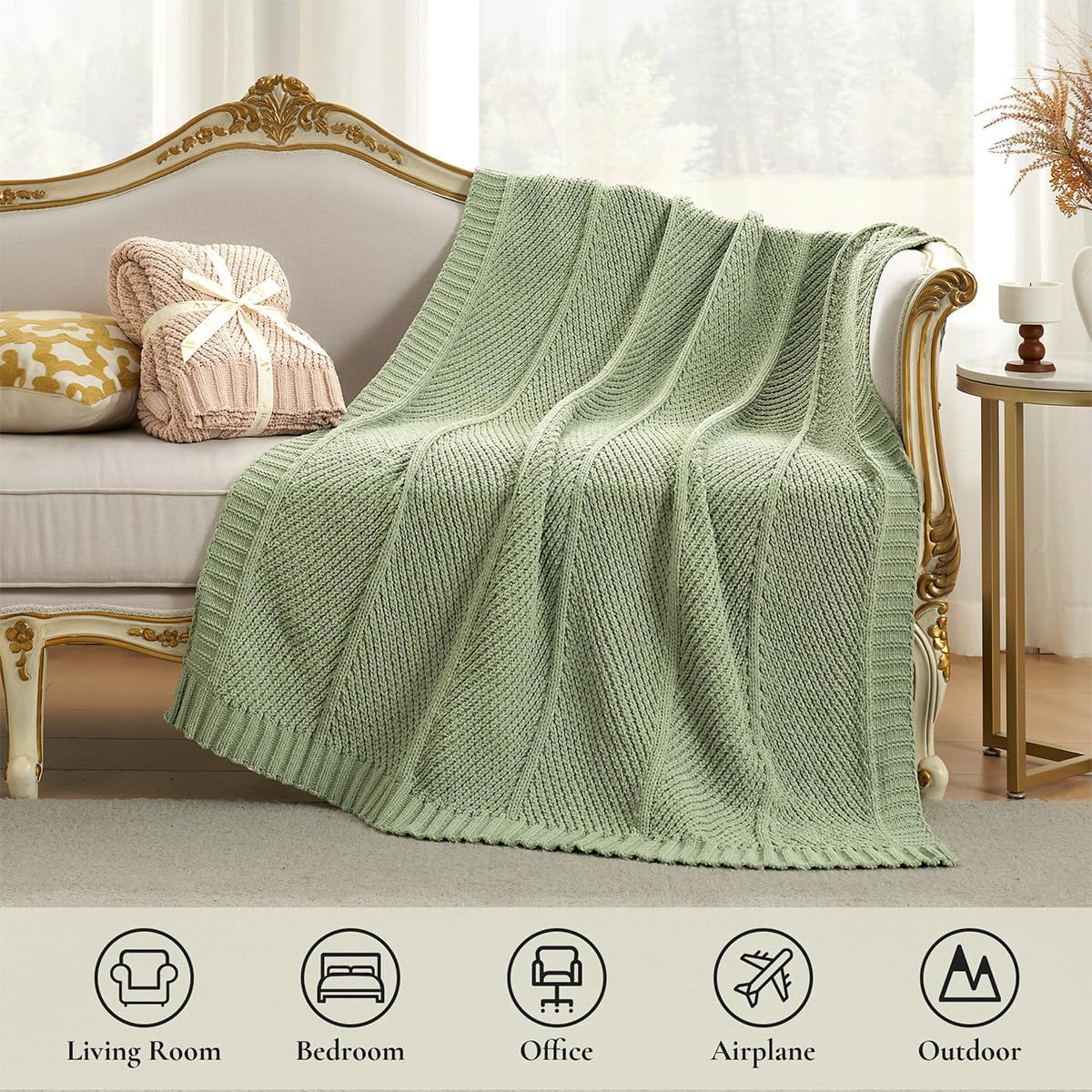 Amélie Home Chenille Knit Throw Blanket for Couch, Chevron Texture Decorative Soft Blanket for Sofa, Bed & Chair, 50"x60", Sage Green