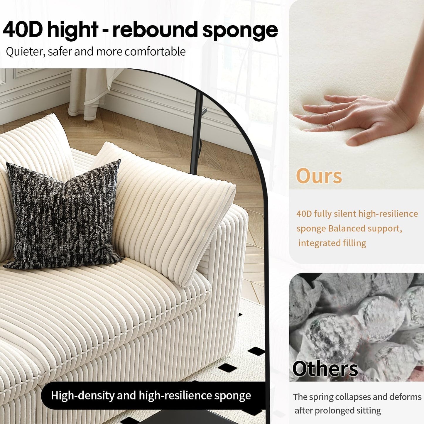 157.5" Cloud Couch Modular Sectional Sofa for Living Room,Modern Sofa with Deep Seat，4 Seater Boneless Couch,Comfy Upholstered Corduroy Couches for Apartment, Studio, Office,Bedroom，White